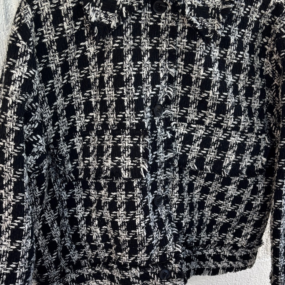 H&M Tweed Fringe Black and White Patterned Cotton Coat sz M - Picture 3 of 8